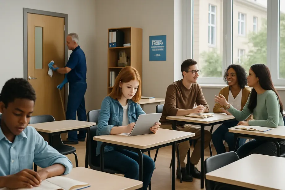 Clean, modern classroom with students learning