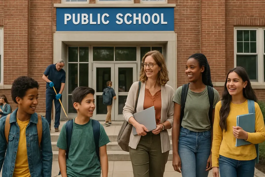 Public school building with diverse student population