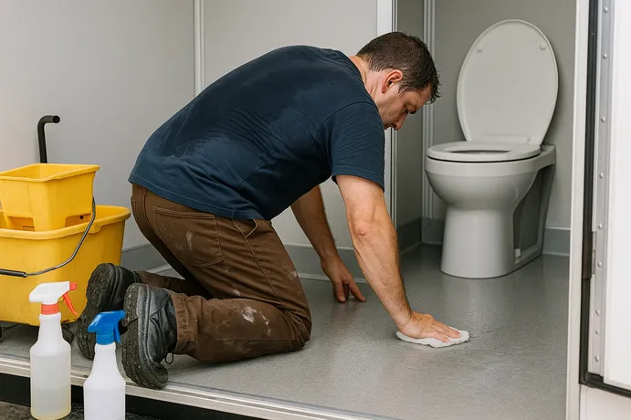 Portable restroom trailer cleaning