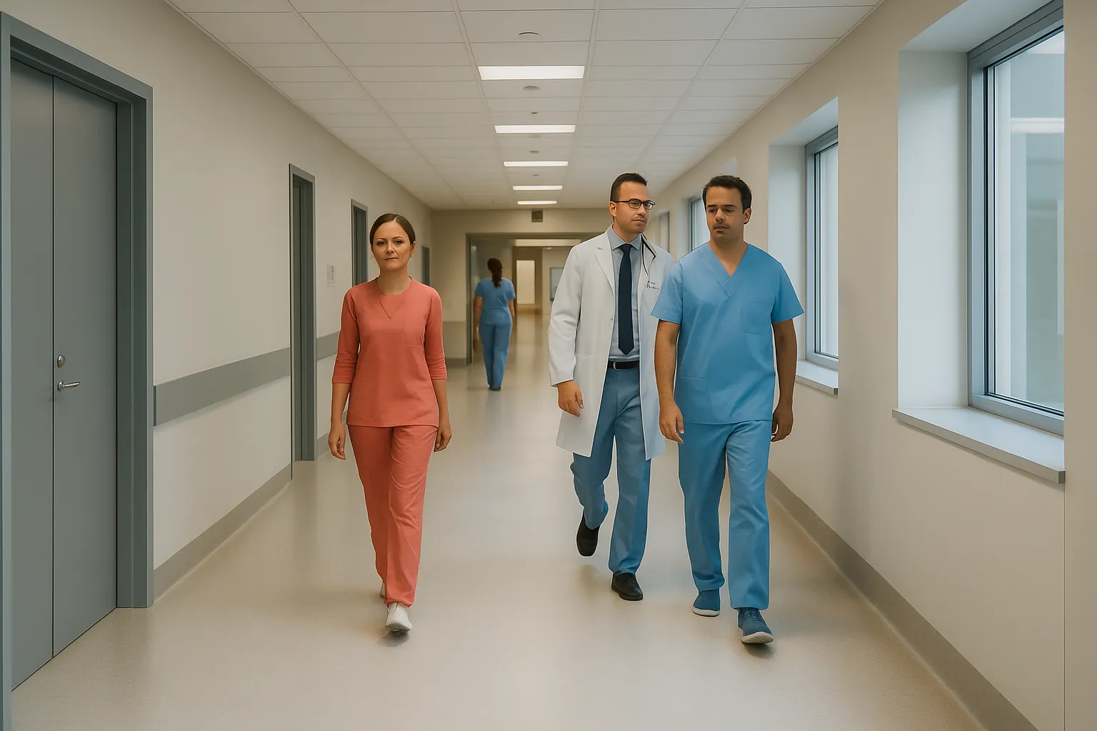 Modern hospital facility with medical staff in clean environment